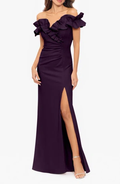 Xscape Evenings Ruffle Off The Shoulder Ruched Gown In Mulberry