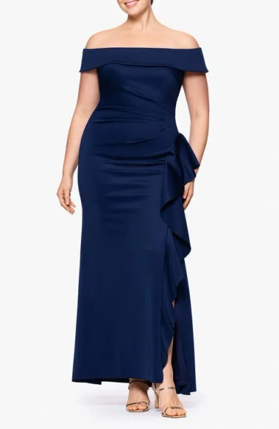 Xscape Evenings Ruffle Off The Shoulder Scuba Cocktail Dress In Midnight