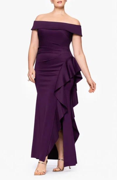 Xscape Evenings Ruffle Off The Shoulder Scuba Cocktail Dress In Plum