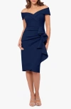 Xscape Evenings Ruffle Off The Shoulder Scuba Crepe Cocktail Dress In Midnight