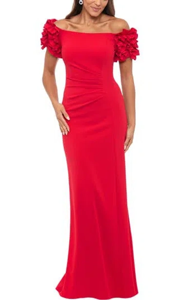 Xscape Evenings Ruffle Off The Shoulder Scuba Crepe Gown In Red