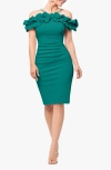 Xscape Evenings Ruffle Off The Shoulder Scuba Crepe Sheath Dress In Green