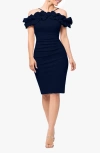 XSCAPE EVENINGS RUFFLE OFF THE SHOULDER SCUBA CREPE SHEATH DRESS