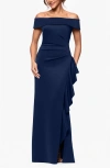 Xscape Evenings Ruffle Off The Shoulder Scuba Gown In Midnight