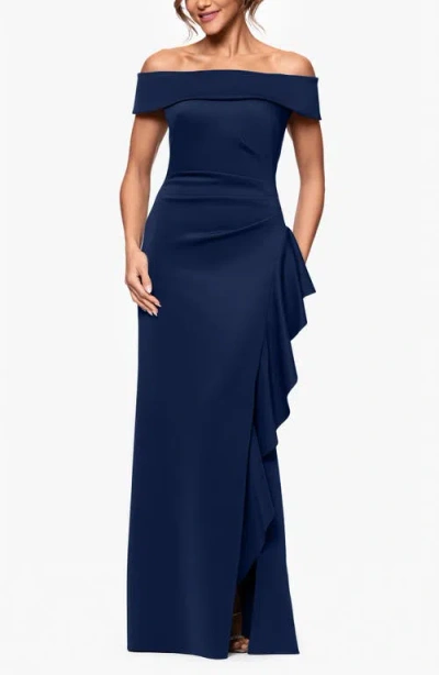 Xscape Evenings Ruffle Off The Shoulder Scuba Gown In Midnight