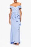 Xscape Evenings Ruffle Off The Shoulder Scuba Gown In Periwinkle