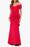 XSCAPE EVENINGS XSCAPE EVENINGS RUFFLE OFF THE SHOULDER SCUBA GOWN