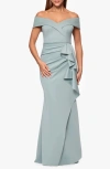 Xscape Evenings Ruffle Off The Shoulder Scuba Gown In Sage