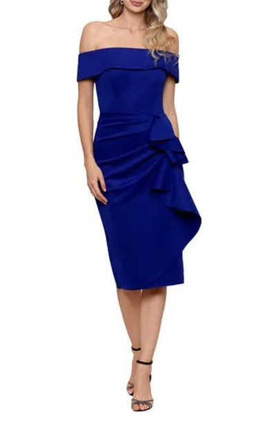 Xscape Evenings Ruffle Off The Shoulder Scuba Knit Dress In Blue