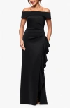 Xscape Evenings Ruffle Off The Shoulder Scuba Knit Gown In Black