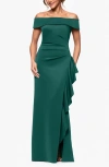 Xscape Evenings Ruffle Off The Shoulder Scuba Knit Gown In Green