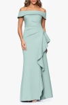 Xscape Evenings Ruffle Off The Shoulder Scuba Knit Gown In Green