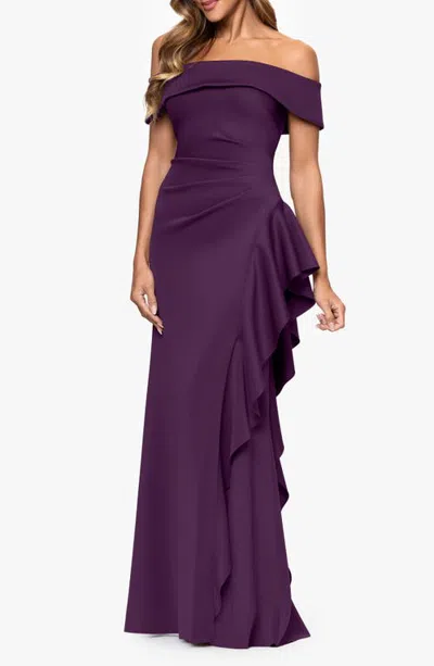 Xscape Evenings Ruffle Off The Shoulder Scuba Knit Gown In Purple