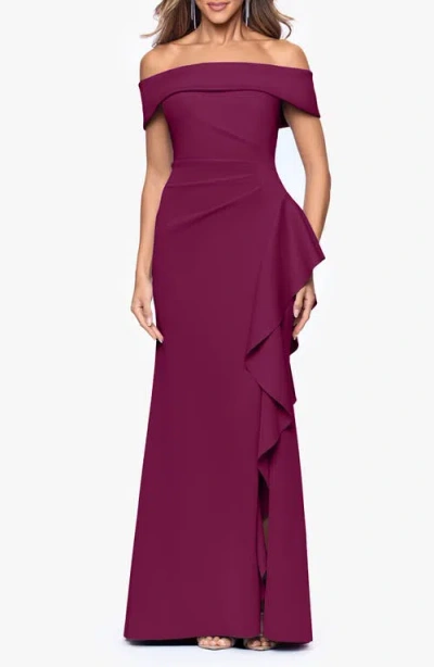 Xscape Evenings Ruffle Off The Shoulder Scuba Knit Gown In Burgundy