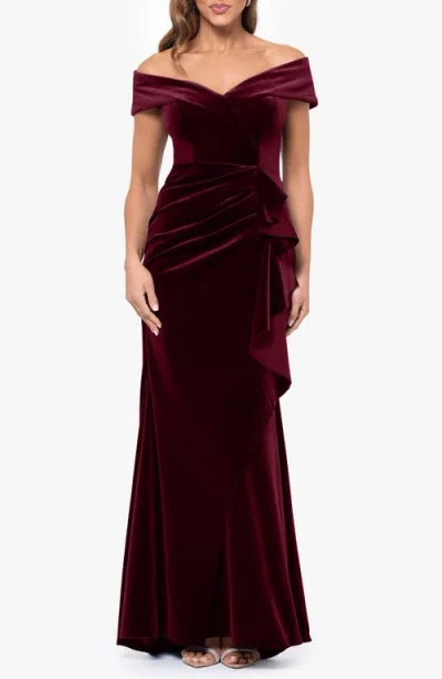 Xscape Evenings Ruffle Off The Shoulder Stretch Velvet Gown In Burgundy