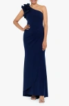 Xscape Evenings Ruffle One-shoulder Mermaid Gown In Navy
