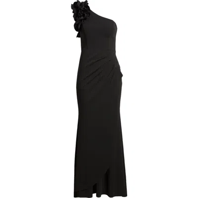 Xscape Evenings Ruffle One-shoulder Scuba Crepe Gown In Black