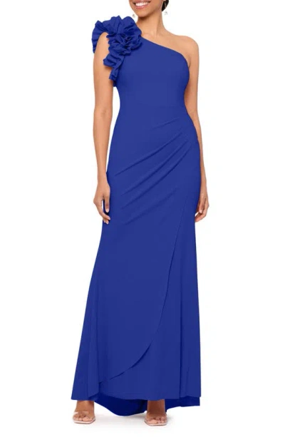 Xscape Evenings Ruffle One-shoulder Scuba Crepe Gown In Marine