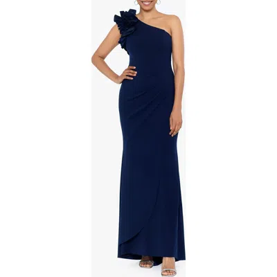 Xscape Evenings Ruffle One-shoulder Mermaid Gown In Navy