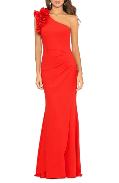 Xscape Evenings Ruffle One-shoulder Scuba Crepe Gown In Red1