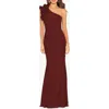 Xscape Evenings Ruffle One-shoulder Scuba Crepe Gown In Wine