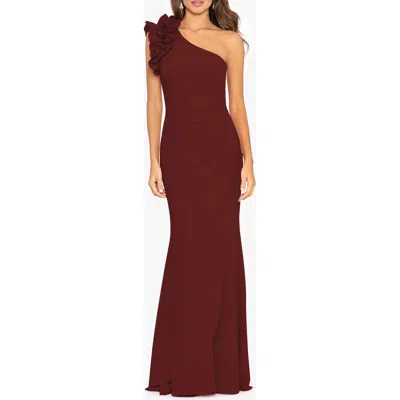 Xscape Evenings Ruffle One-shoulder Scuba Crepe Gown In Wine