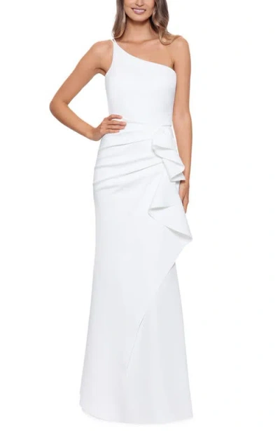 Xscape Evenings Ruffle One-shoulder Scuba Gown In Ivory