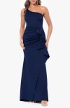 Xscape Evenings Ruffle One-shoulder Scuba Gown In Midnight
