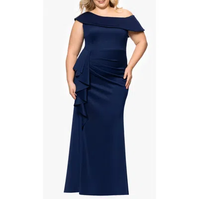Xscape Evenings Ruffle One-shoulder Scuba Gown In Midnight