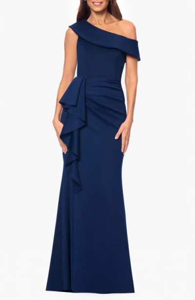Xscape Evenings Ruffle One-shoulder Scuba Gown In Midnight