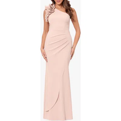 Xscape Evenings Ruffle One-shoulder Scuba Crepe Gown In Blush