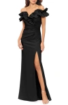 Xscape Evenings Ruffle Ruched Off The Shoulder Scuba Gown In Black