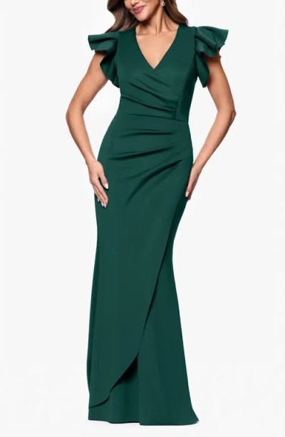 Xscape Evenings Ruffle Ruched Scuba Gown In Hunter