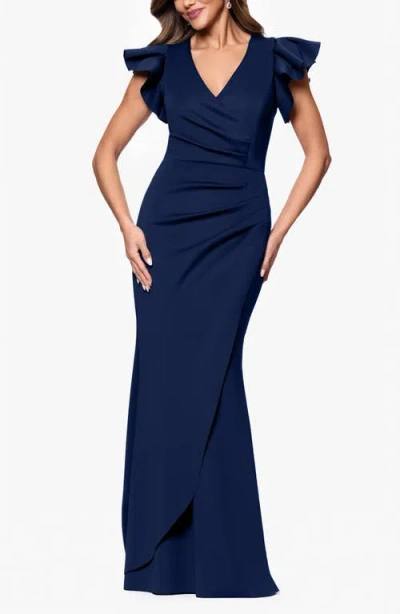 Xscape Evenings Ruffle Ruched Scuba Gown In Midnight