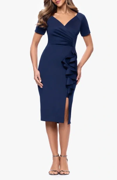 Xscape Evenings Ruffle Scuba Cocktail Dress In Blue