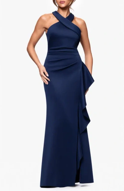 Xscape Evenings Ruffle Scuba Crepe Gown In Midnight