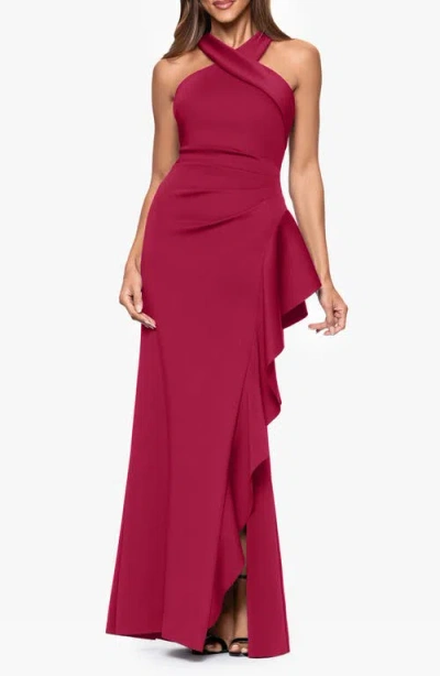Xscape Evenings Ruffle Scuba Knit Gown In Blue