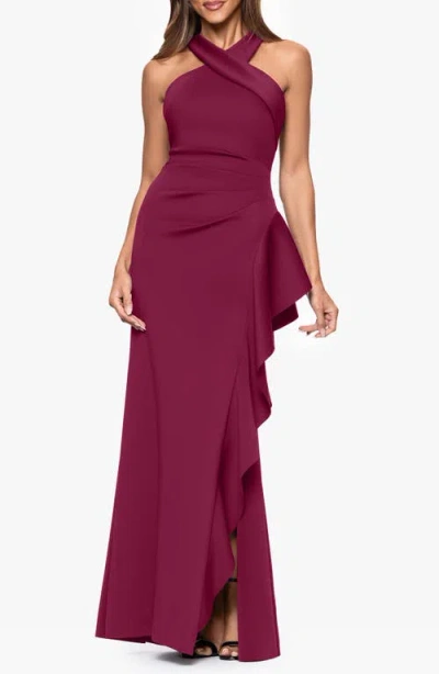 Xscape Evenings Ruffle Scuba Knit Gown In Burgundy
