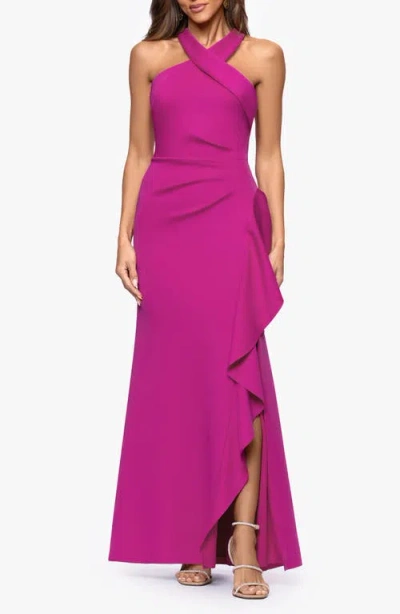 Xscape Evenings Ruffle Scuba Knit Gown In Purple