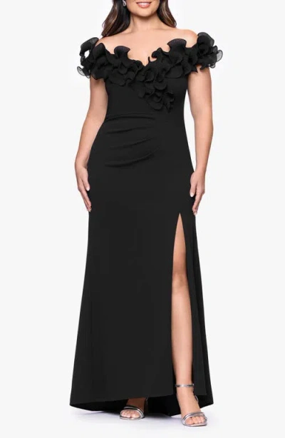 Xscape Evenings Ruffle Scuba Knit Sheath Gown In Black