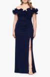 Xscape Evenings Ruffle Scuba Knit Sheath Gown In Blue