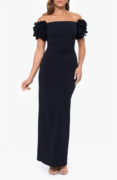 Xscape Evenings Ruffle Sleeve Off The Shoulder Velvet Column Gown In Black