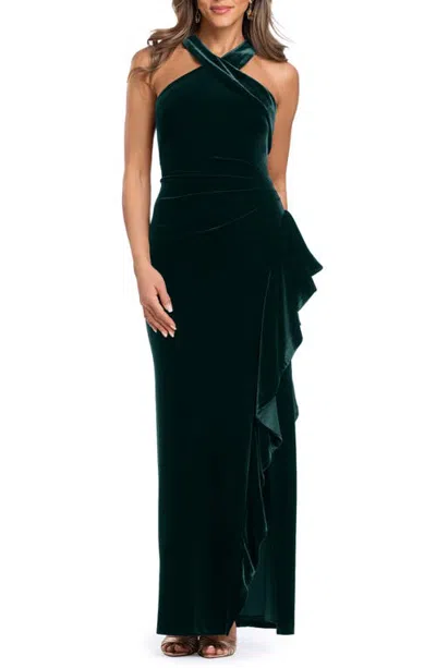 Xscape Evenings Ruffle Sleeveless Velvet Gown In Green