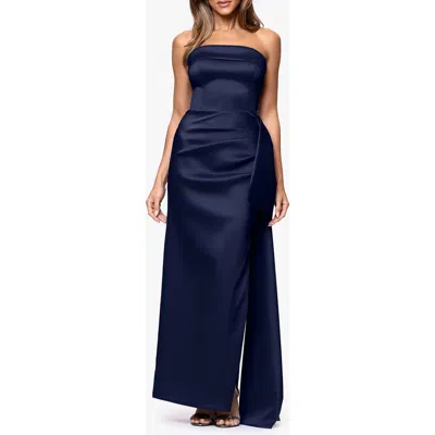 Xscape Evenings Ruffle Strapless Mikado Column Gown In Blue