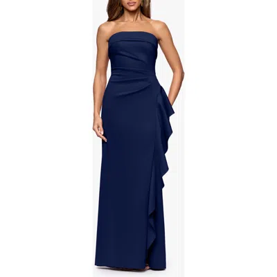 Xscape Evenings Ruffle Strapless Scuba Crepe Gown In Blue