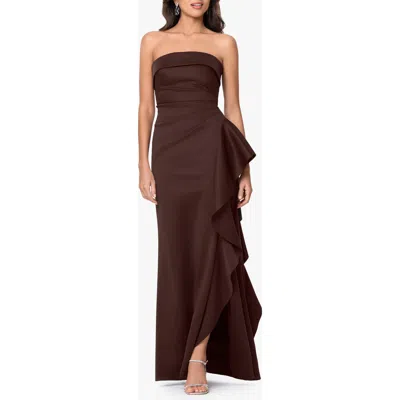 Xscape Evenings Ruffle Strapless Scuba Crepe Gown In Brown