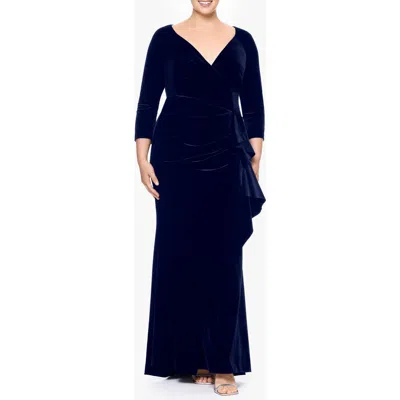 Xscape Evenings Ruffle Stretch Velvet Gown In Navy