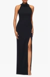 Xscape Evenings Ruffle Trim Mock Neck Evening Gown In Black