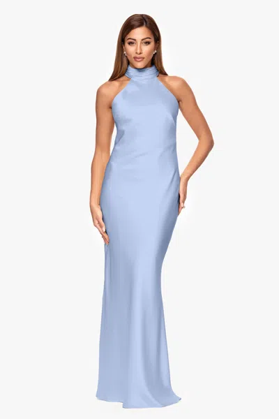 Xscape Evenings "ruth" Satin High Tie Neck Backless Floor Length Dress In Blue