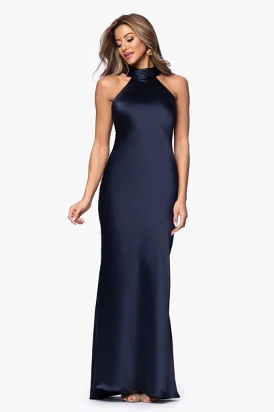 Xscape Evenings "ruth" Satin High Tie Neck Backless Floor Length Dress In Blue